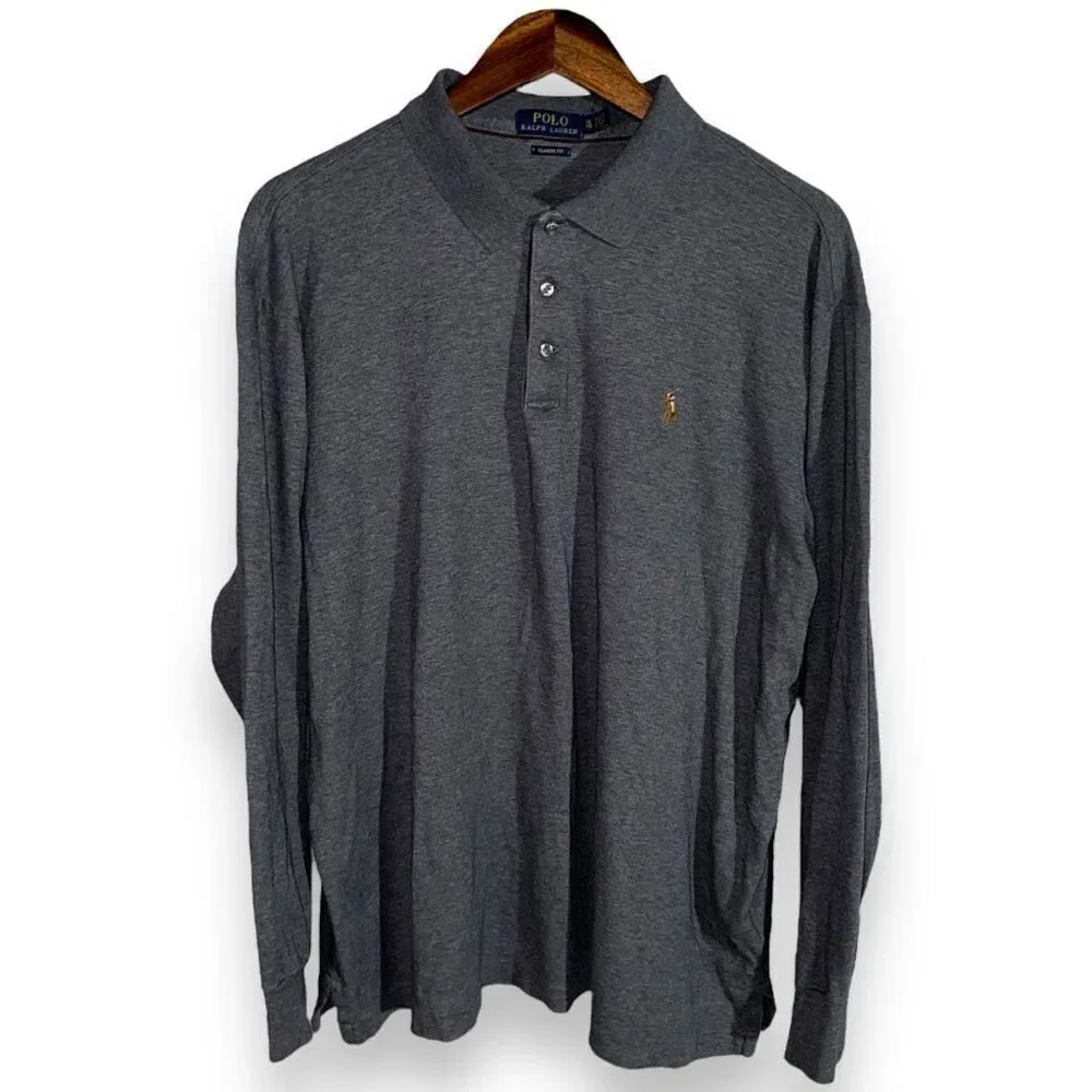 Gray Polo Ralph Lauren L/S Flesh Pony Polo Shirt Size XL